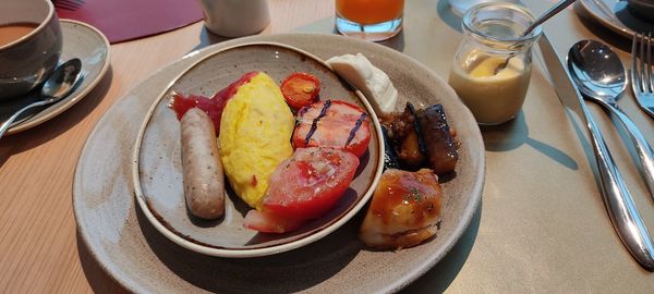 High angle view of breakfast served on table