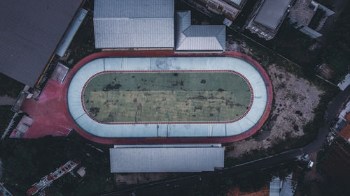 High angle view of soccer field in city