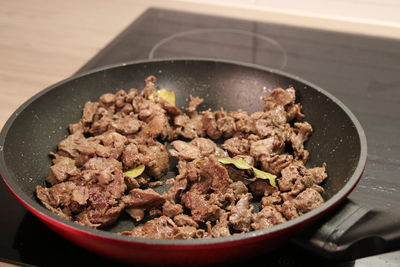 High angle view of meat in cooking pan