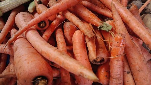 High angle view of carrots in market