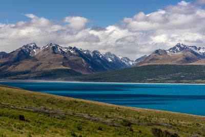 Scenic view of lake by mountains against sky