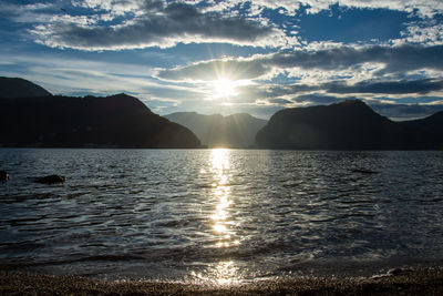 Scenic view of lake against sky during sunset