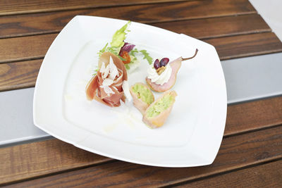 High angle view of food in plate on table