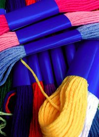 High angle view of colorful threads