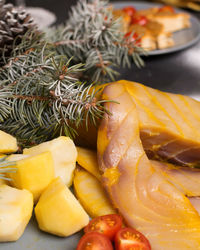 Close-up of fruits in plate on table