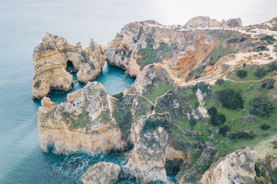 High angle view of rock formations and sea