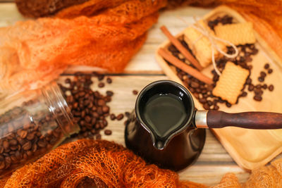 High angle view of coffee on table