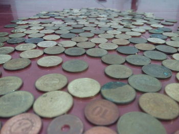 Close-up of coins on table