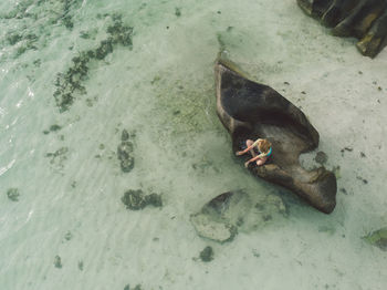 High angle view of woman sitting on rock at beach