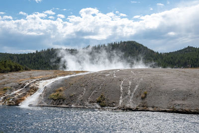 Smoke emitting from hotspring in midway geyser basin by firehole river at park