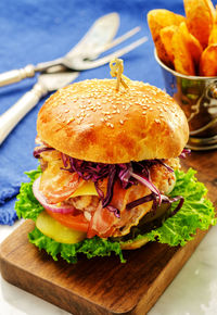 Close-up of burger on table