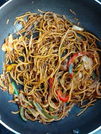 High angle view of food in cooking pan