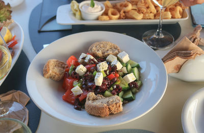 High angle view of food in plate on table