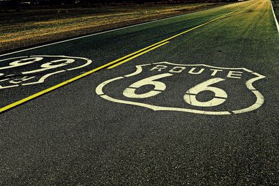 High angle view of route 66 marking on highway