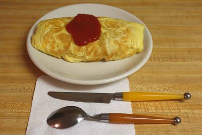 High angle view of breakfast served on table