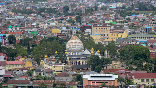 High angle view of buildings in city