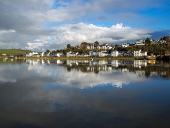 Reflection of buildings in lake against sky