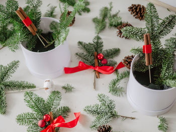 High angle view of christmas tree on table