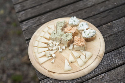 High angle view of chopped bread on table