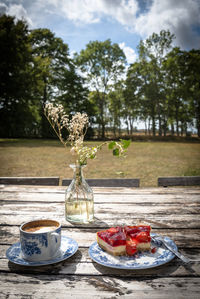 Close-up of breakfast on table against trees