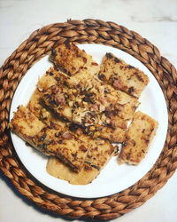 High angle view of cake served on table