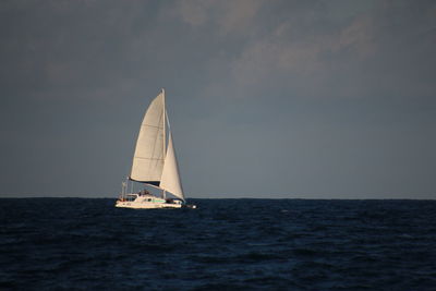 Sailboat sailing on sea against clear sky