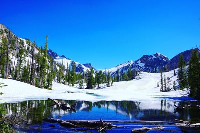 Scenic view of lake and mountains against clear blue sky