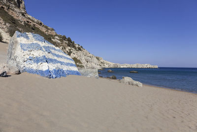 View of painted rock on sand by cliff at sea against clear sky