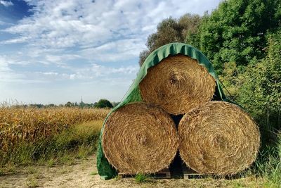 Hay bales on field against sky