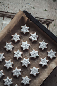 High angle view of cookies on baking sheet