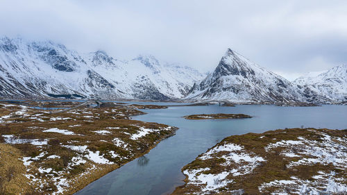 Scenic view of snowcapped mountains by lake against sky