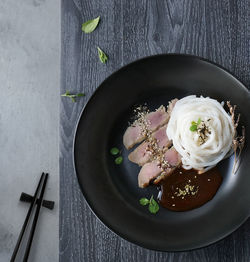 High angle view of salad in bowl on table