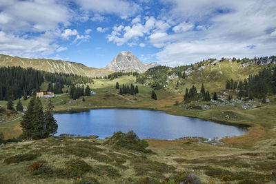 Scenic view of lake and trees against sky