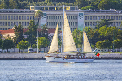 Sailboat sailing on river by trees