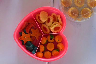 High angle view of fruits in bowl on table