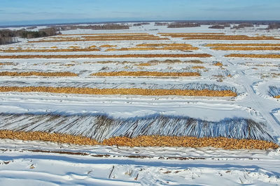 Snow covered land against sky