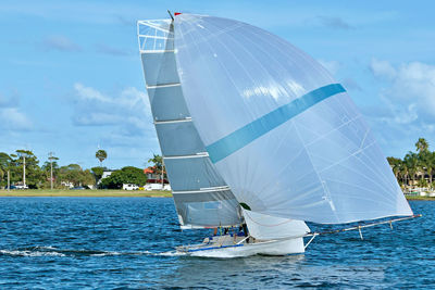 Sailboat sailing on sea against sky