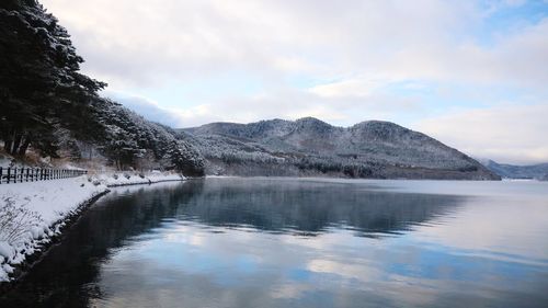 Scenic view of lake by snowcapped mountains against sky