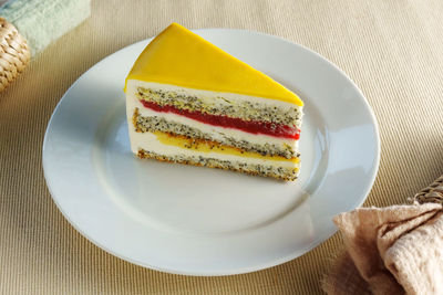 High angle view of dessert in plate on table