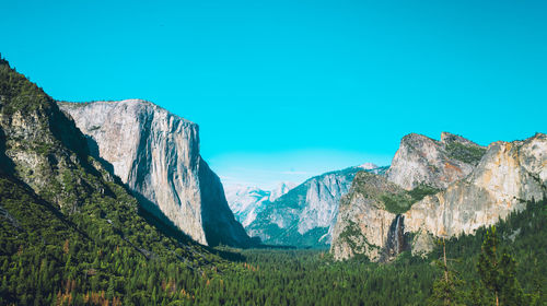 Panoramic view of mountains against blue sky