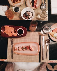 High angle view of breakfast on table