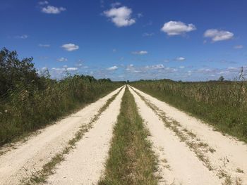 Dirt road amidst field against blue sky