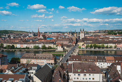 High angle view of buildings in city against sky