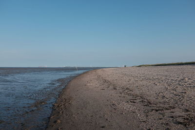 Surface level of calm beach against clear sky