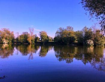 Scenic view of lake against clear blue sky