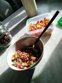 High angle view of breakfast in bowl on table