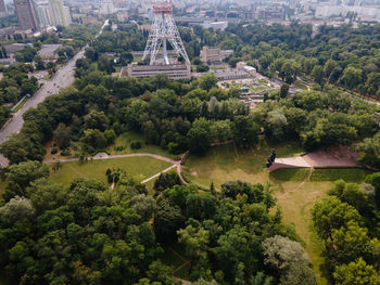 High angle view of trees and buildings in city