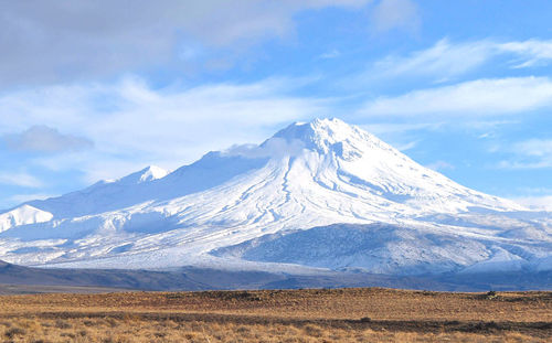 Scenic view of snowcapped mountains against sky