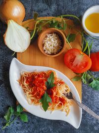 High angle view of fruit salad in plate on table