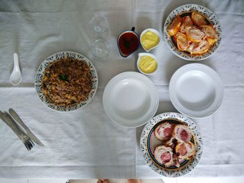 High angle view of food served on table